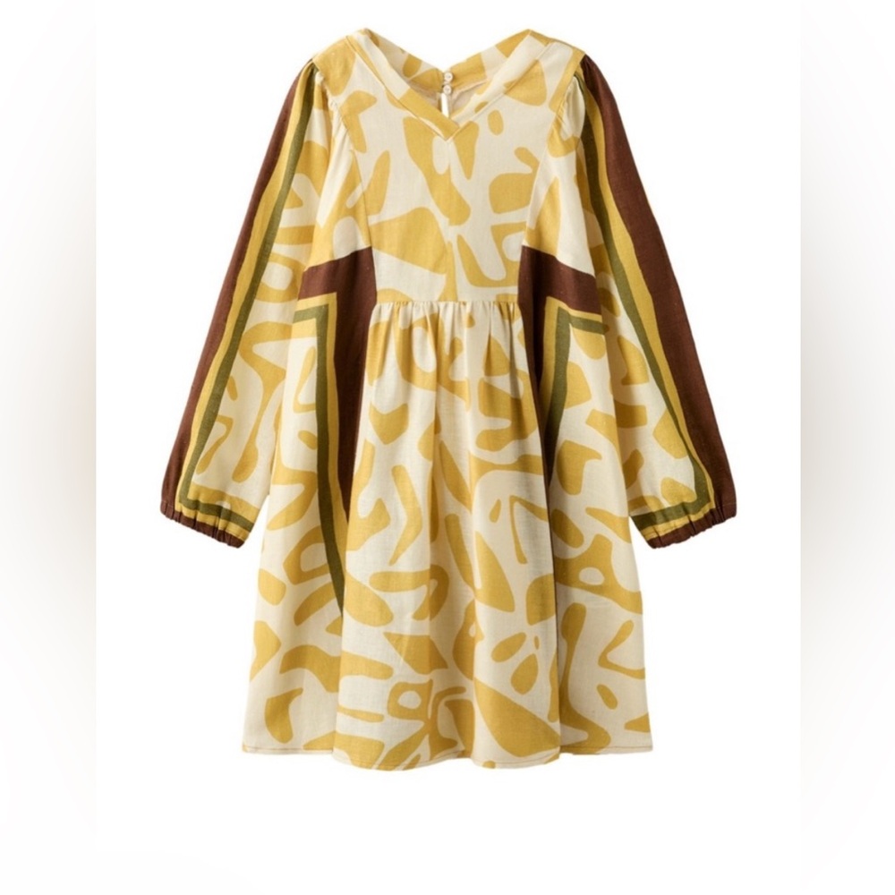 Zara Girl New Linen Long Sleeve Dress in Abstract Pattern NWOT size 11/12Y